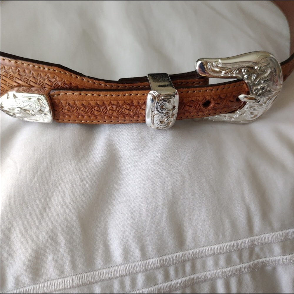 Justin Boots Tan Leather Belt with Ornate Silver Buckle